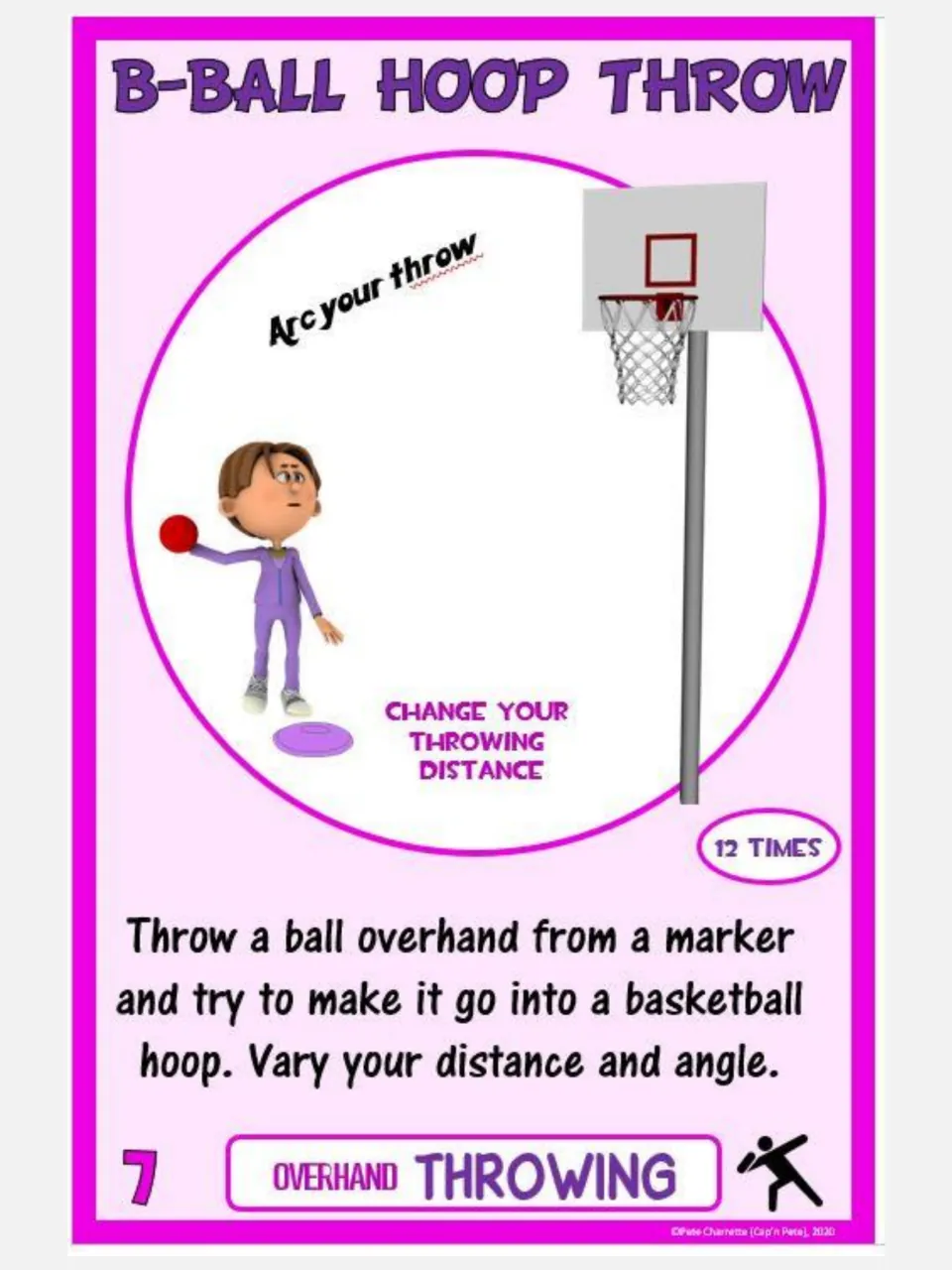 Overhand throwing card 7, B-Ball Hoop Throw: aim a ball into a basketball hoop, varying distance and angle