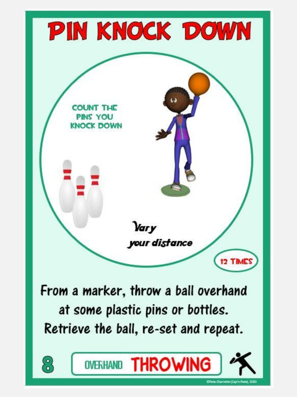 Overhand throwing card 8, Pin Knock Down: throw a ball at plastic pins or bottles, reset, and repeat 12 times