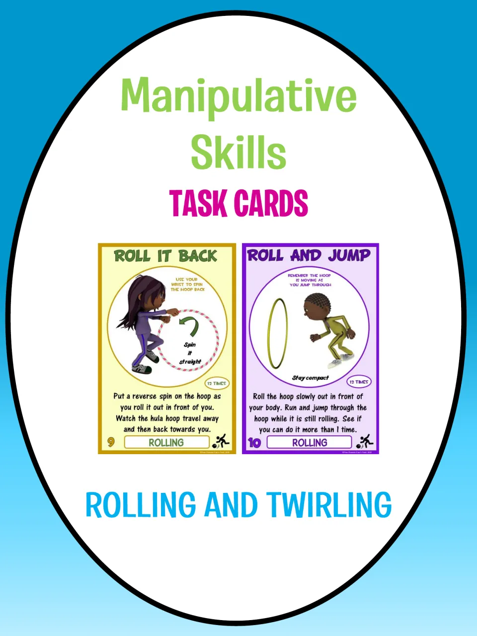 Manipulative Skills Task Cards: Rolling and Twirling cover showing sample cards Roll It Back and Roll and Jump
