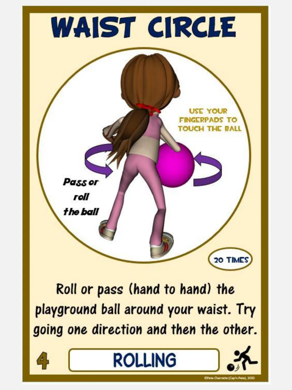 Waist Circle rolling card: students roll or pass a playground ball around the waist, 20 times, then switch direction