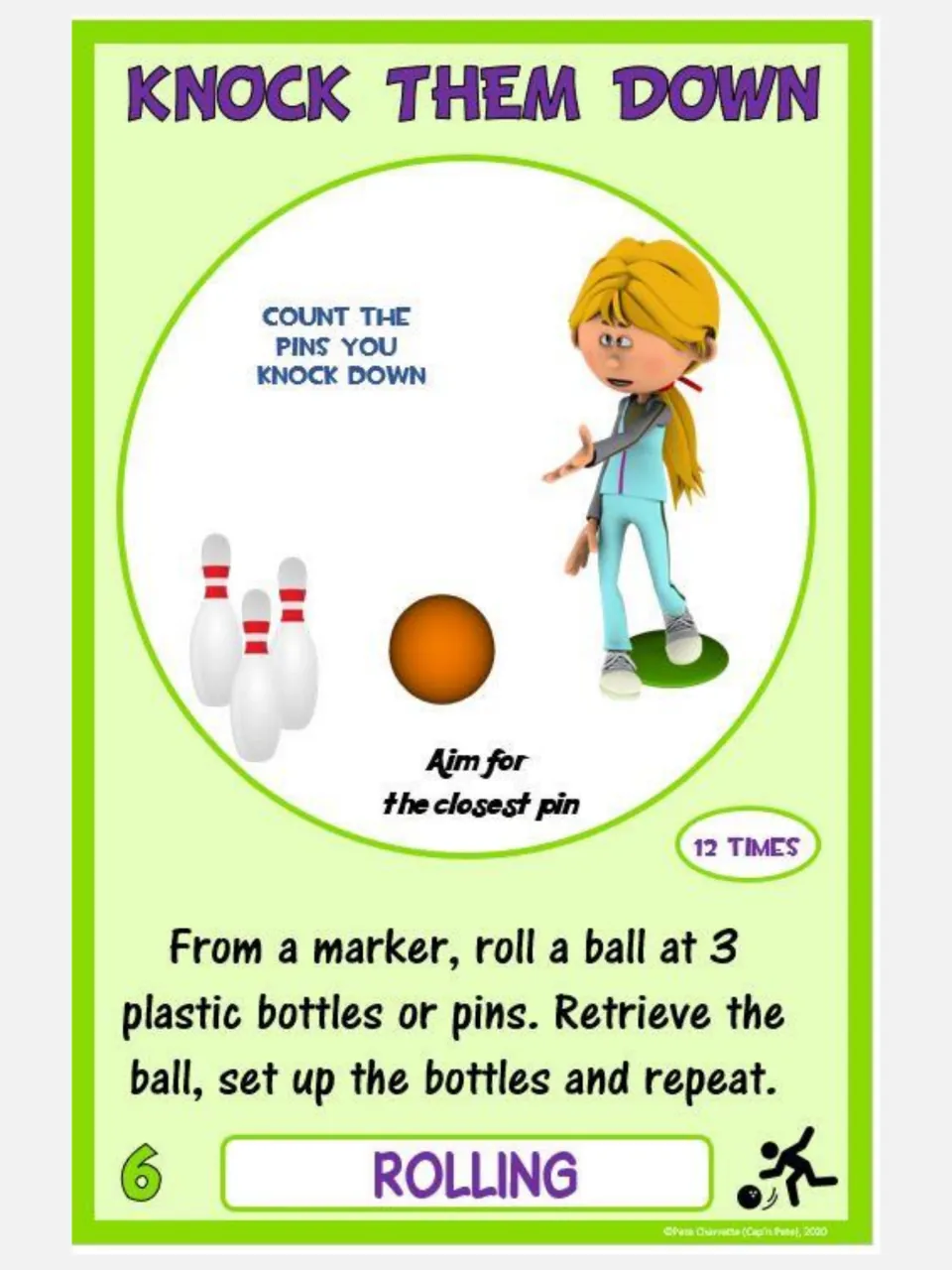 Knock Them Down card: from a marker, students roll a ball at 3 plastic bottles or pins and count the pins knocked down