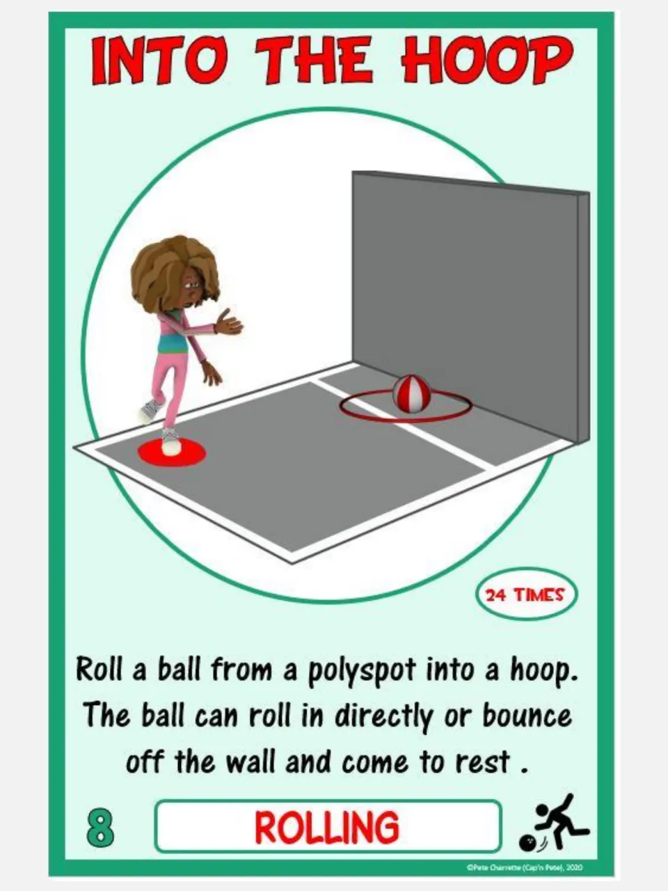 Into the Hoop card: students roll a ball from a polyspot into a hoop, directly or off the wall, 24 times