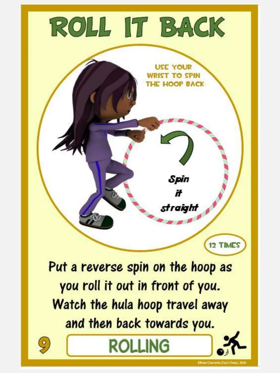 Roll It Back card: students roll a hula hoop out with a reverse wrist spin so it travels away and returns, 12 times