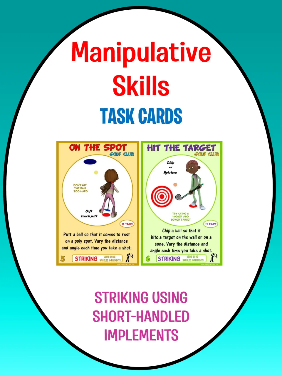 Manipulative Skills task card cover labeled 'Striking Using Short-Handled Implements' with two golf samples