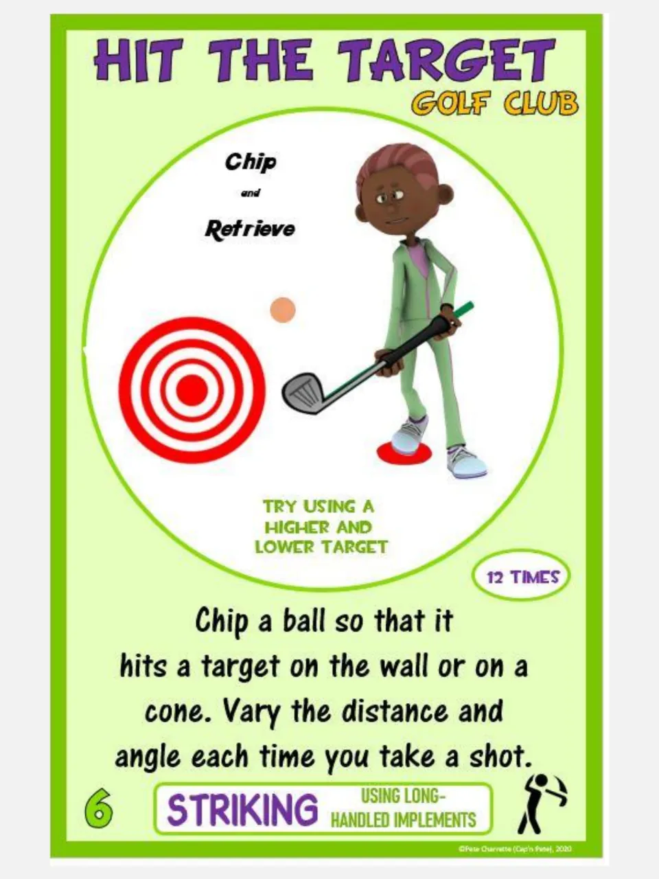Striking card 6, Hit the Target: chip a ball at a wall or cone target, trying higher and lower targets