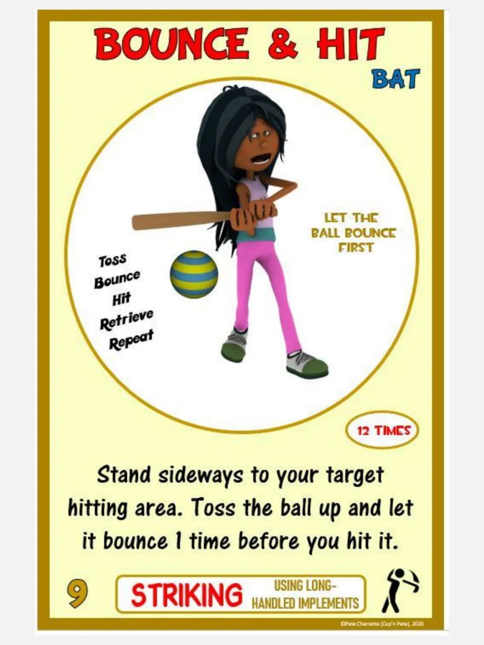 Striking card 9, Bounce & Hit: stand sideways, toss a ball, and let it bounce once before hitting with a bat