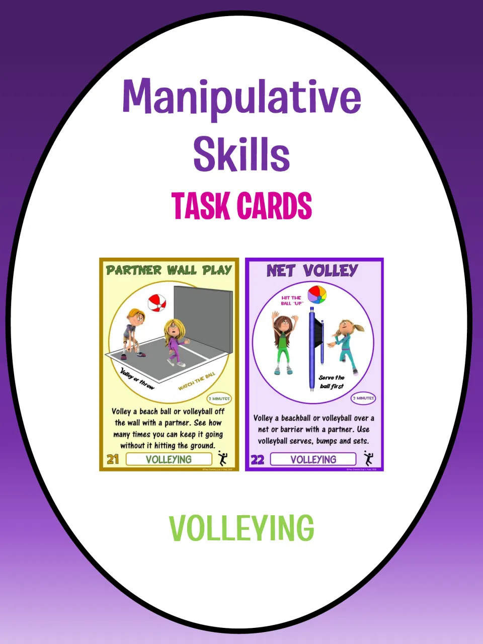 Volleying task card cover for manipulative skills, featuring Partner Wall Play and Net Volley sample cards
