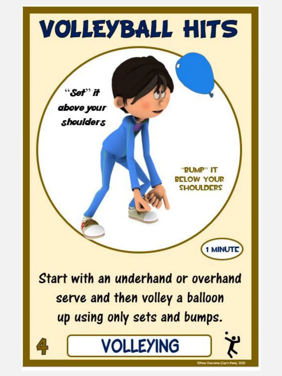 Volleying card 4, Volleyball Hits: start with an underhand or overhand serve, then use balloon sets and bumps