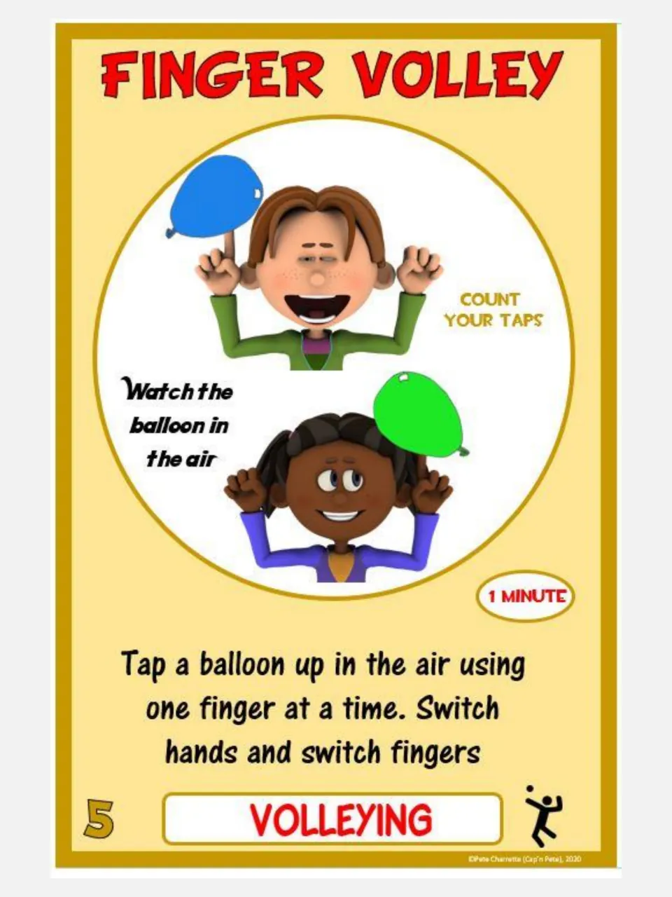Volleying card 5, Finger Volley: tap a balloon upward with one finger at a time, switching hands and fingers