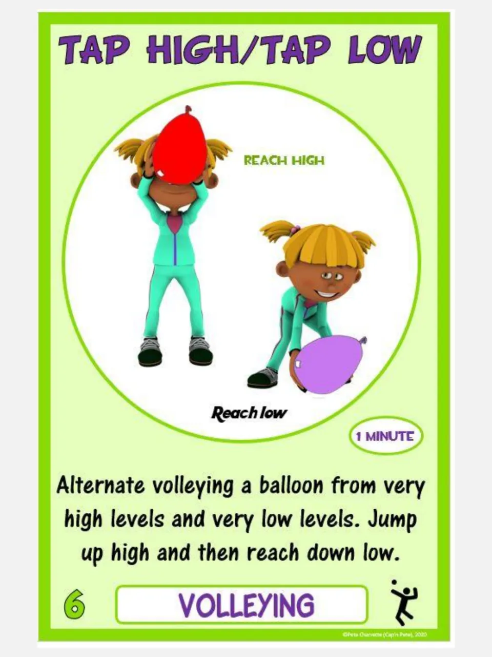 Volleying card 6, Tap High/Tap Low: alternate balloon volleys at high and low levels, jumping and reaching