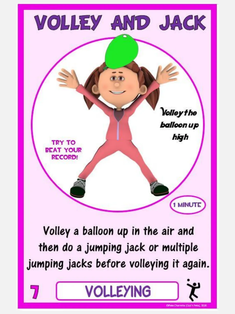 Volleying card 7, Volley and Jack: hit a balloon up, then do one or more jumping jacks before hitting it again