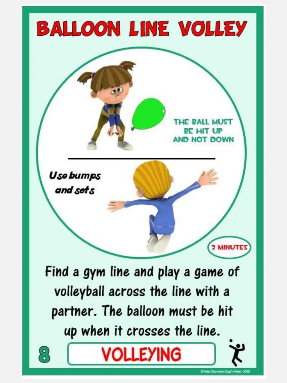 Volleying card 8, Balloon Line Volley: play with a partner across a gym line, hitting the balloon upward