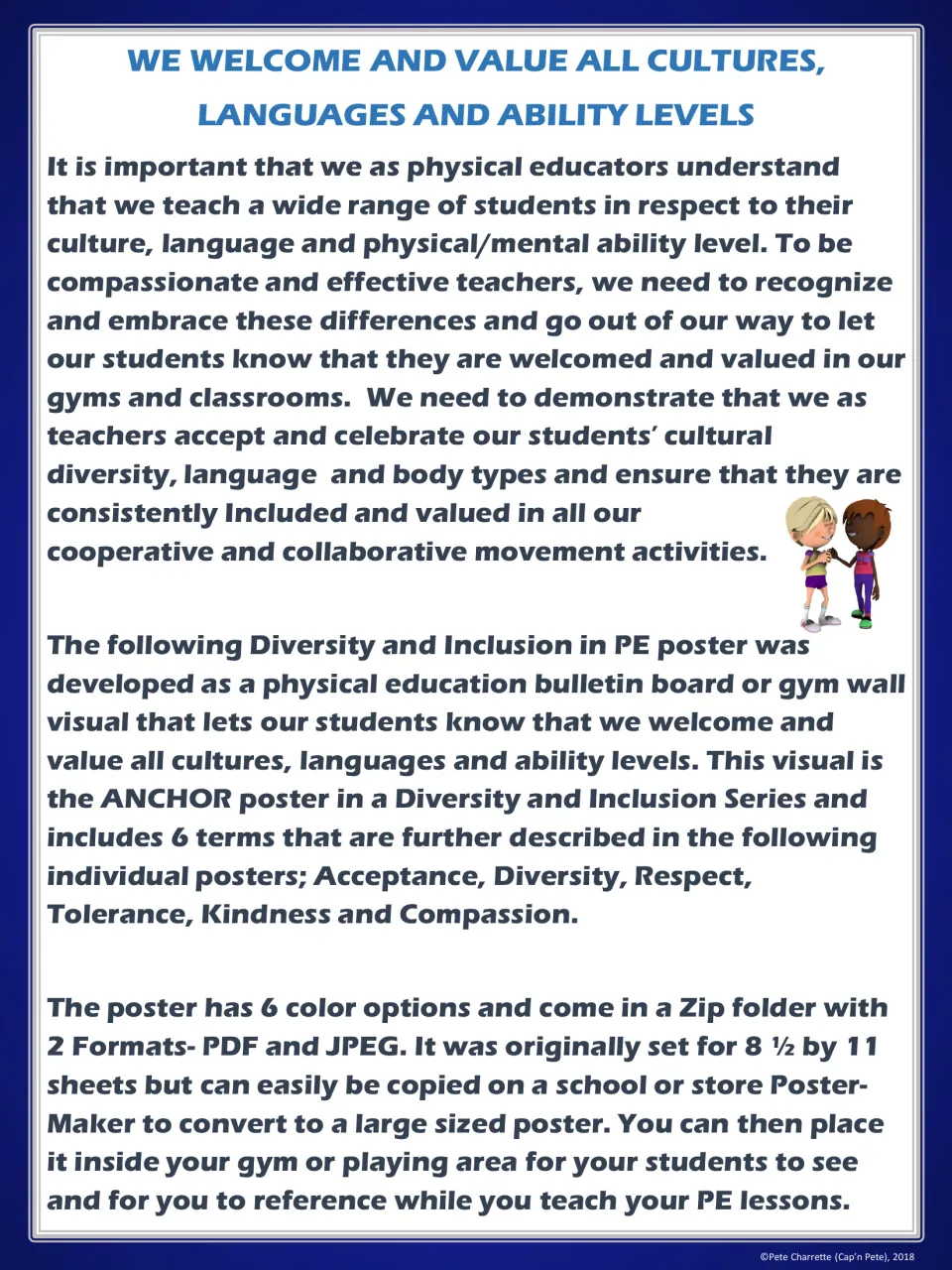 Introduction to the PE inclusion poster: six color options, PDF and JPEG formats, and gym display guidance