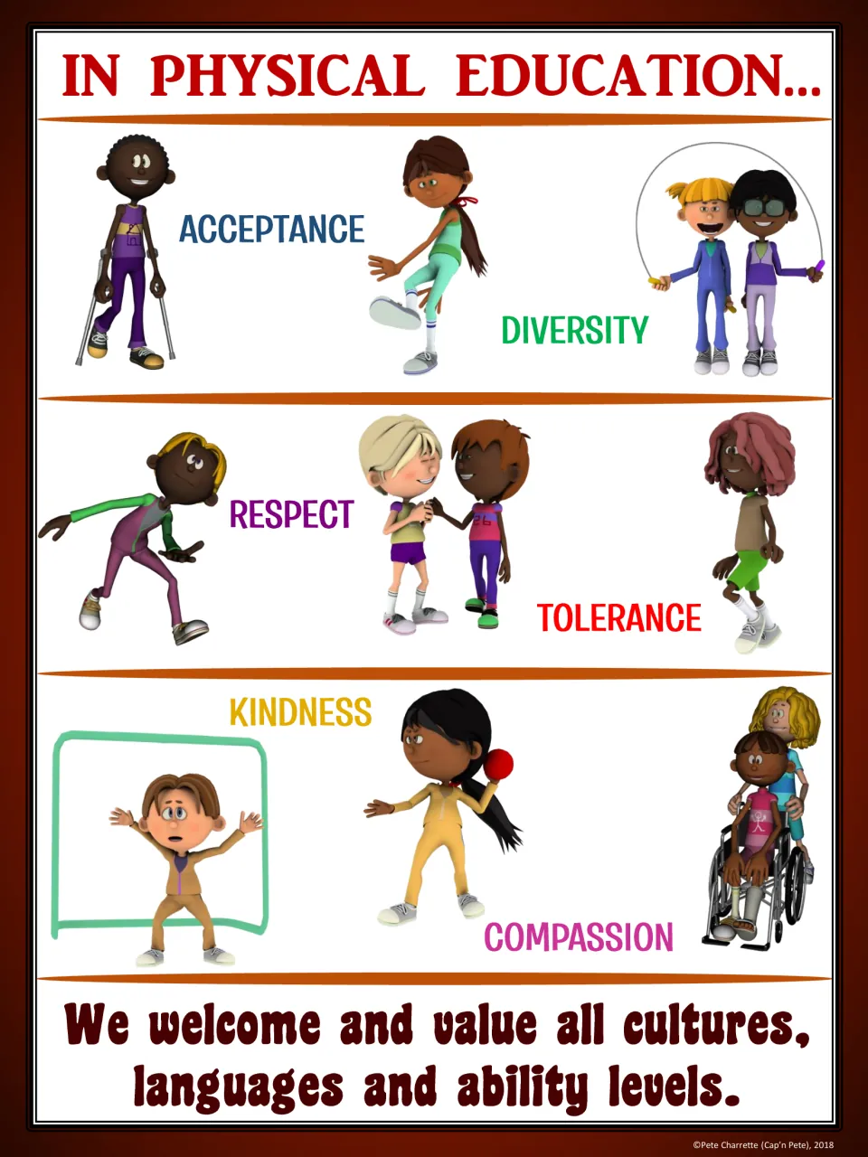 Red PE inclusion poster: acceptance, diversity, respect, tolerance, kindness, and compassion