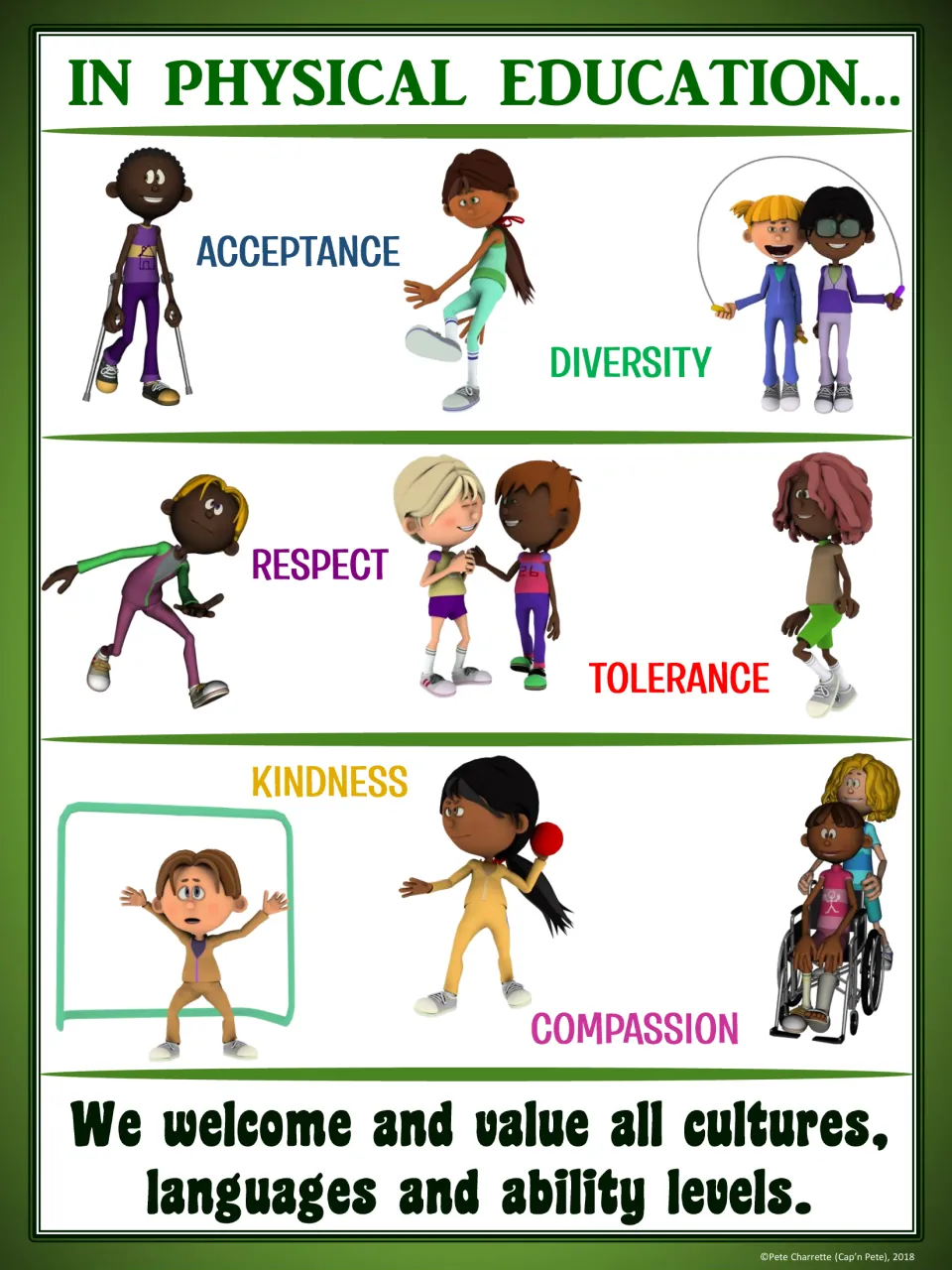 Green PE inclusion poster: acceptance, diversity, respect, tolerance, kindness, and compassion