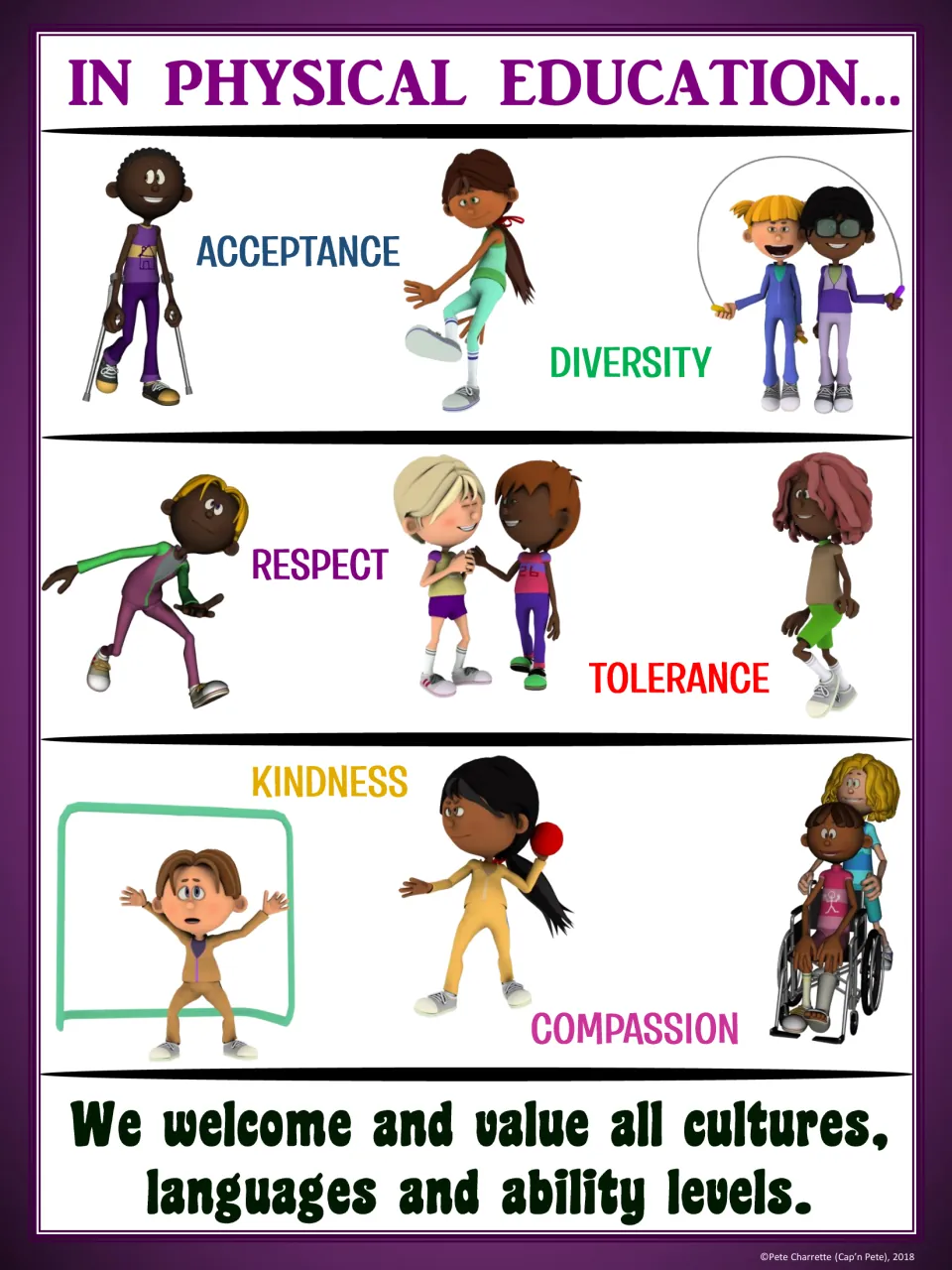 Purple PE inclusion poster: acceptance, diversity, respect, tolerance, kindness, and compassion