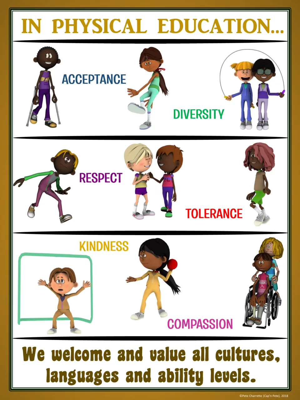 Gold PE inclusion poster: acceptance, diversity, respect, tolerance, kindness, and compassion