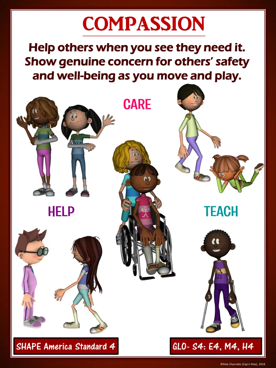 Red compassion poster: Help others when you see they need it, with children helping, including a classmate using crutches