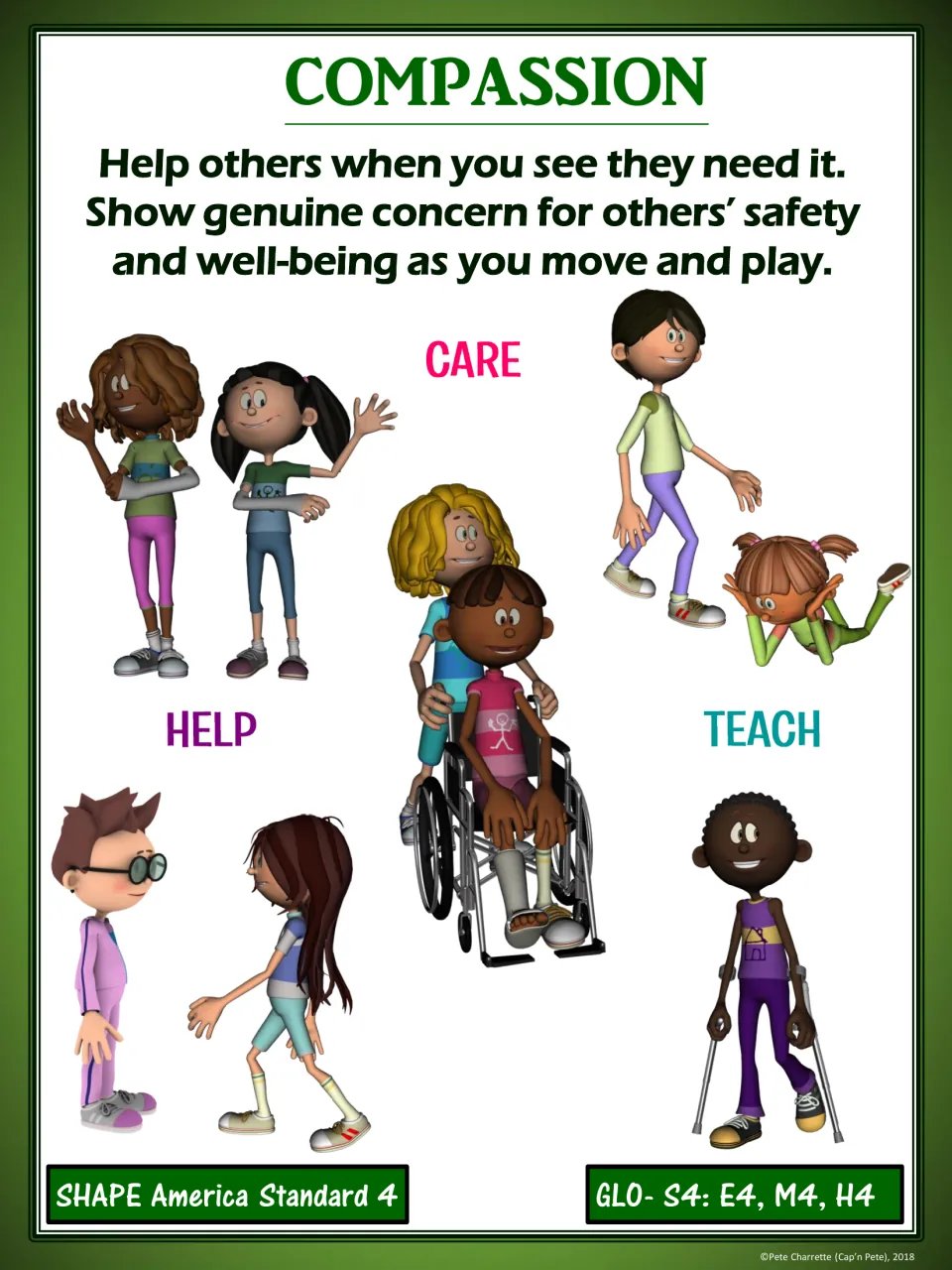 Green compassion poster showing concern for others' safety and well-being, with Care, Help and Teach scenes of play