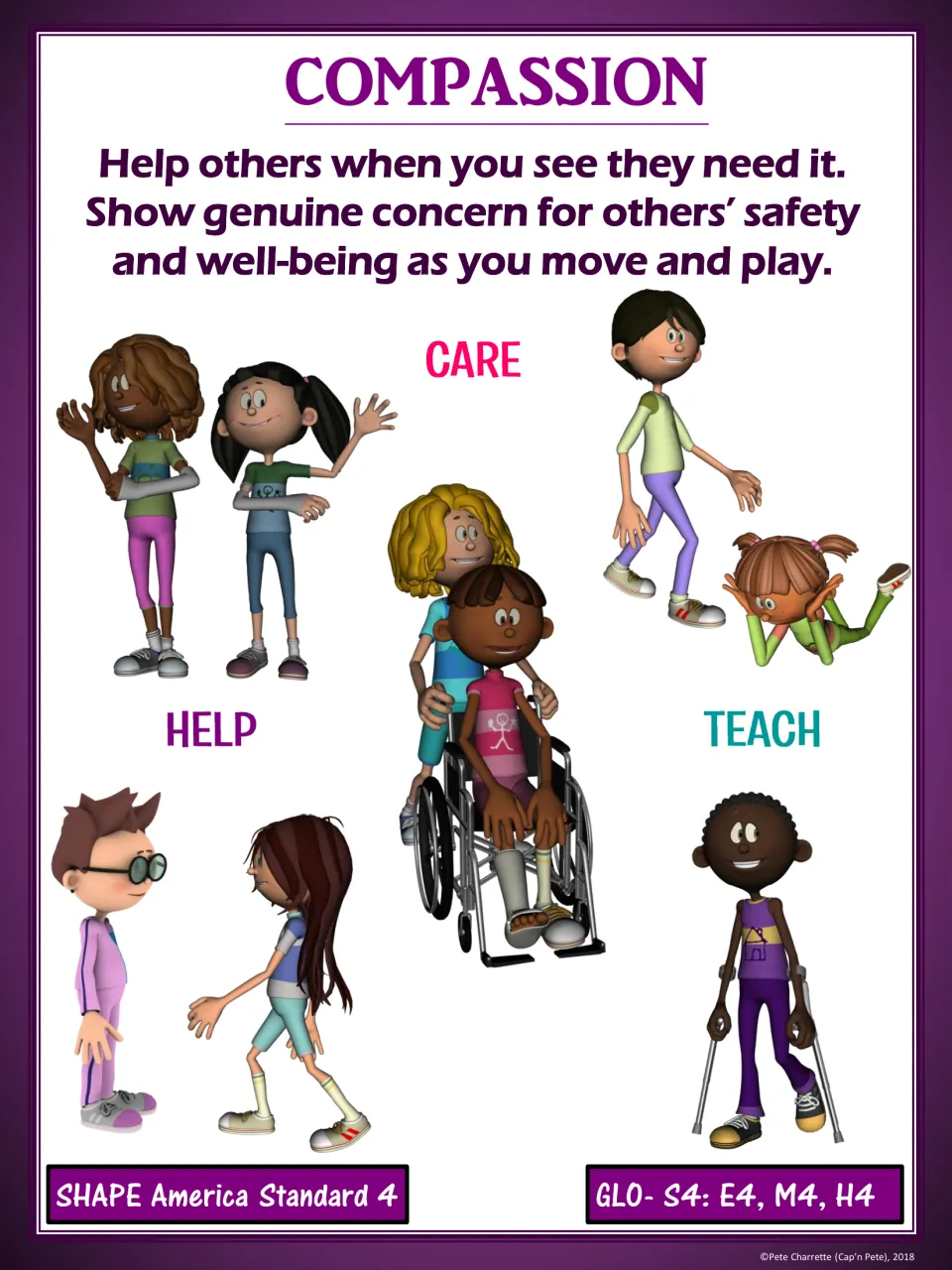 Purple compassion poster: a student pushes a peer in a wheelchair while others wave, help and teach one another