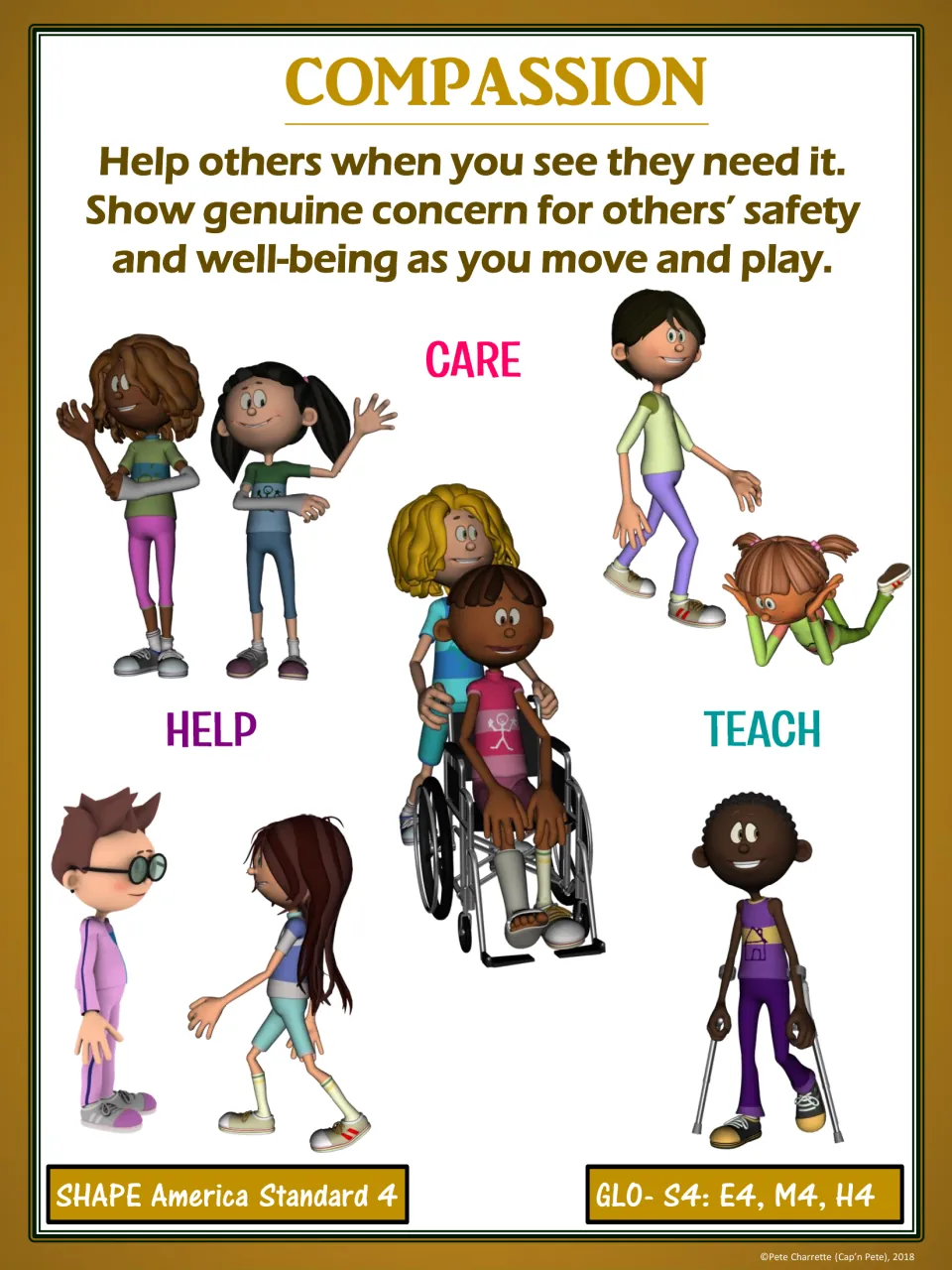 Gold compassion poster with the motto Help others when you see they need it and a child going to a fallen classmate