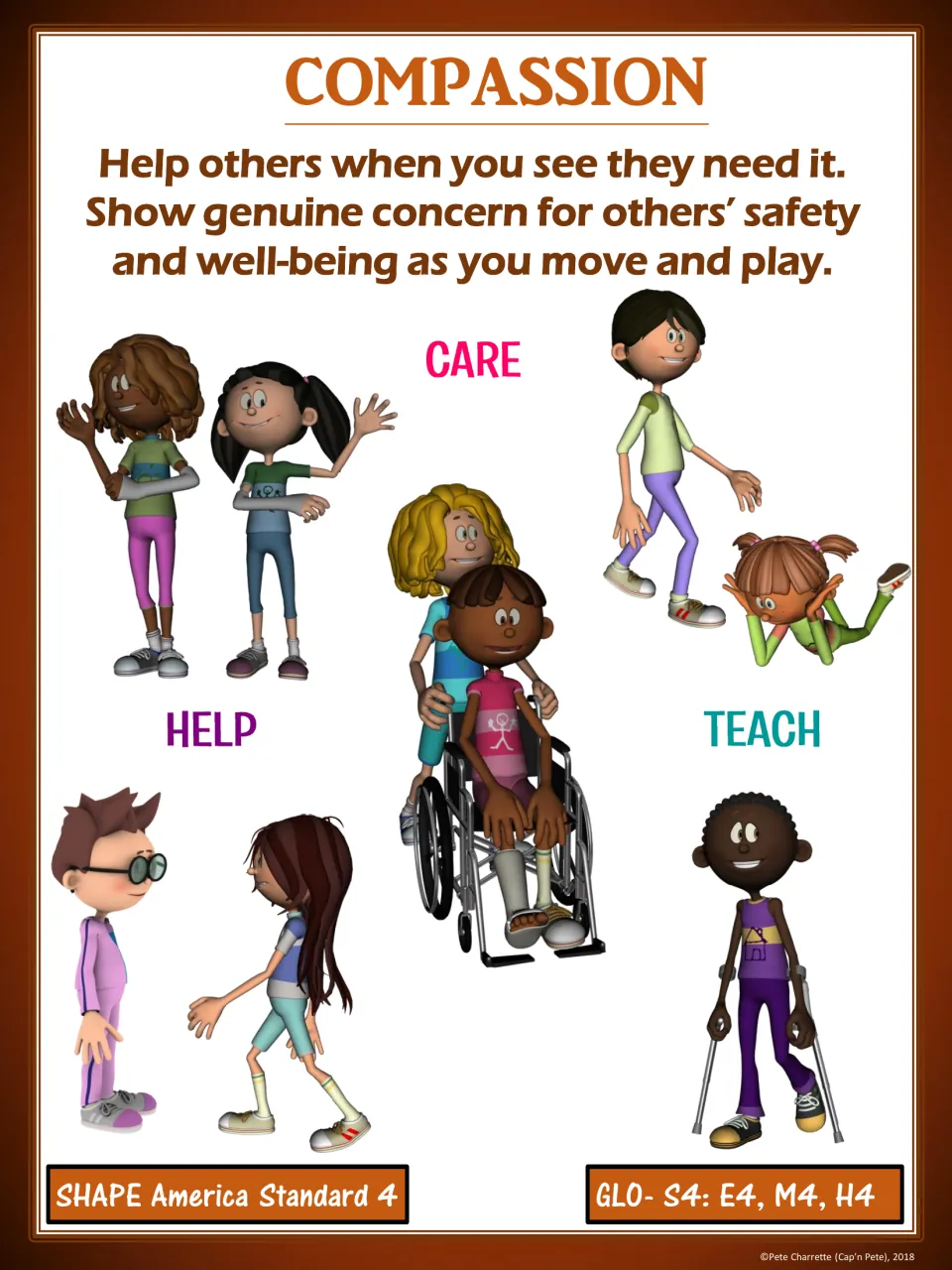 Orange-brown compassion poster: show care for others as you move and play, with GLO S4: E4, M4, H4 outcome codes