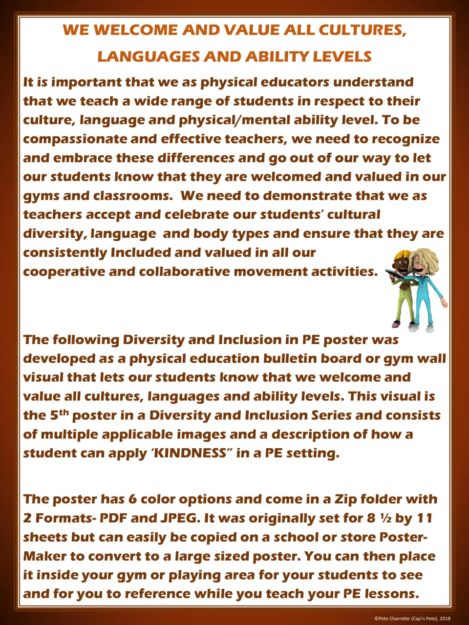 Welcome note on valuing all cultures, languages and ability levels in PE, describing the kindness poster and its use