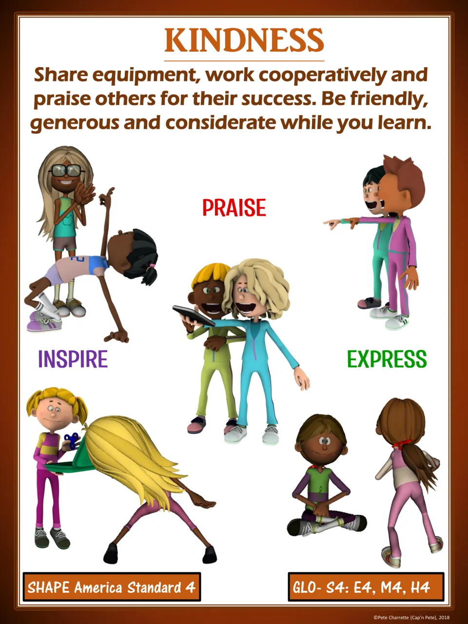 Kindness poster in brown: share equipment, cooperate, praise others; cartoon students labeled praise, inspire, express