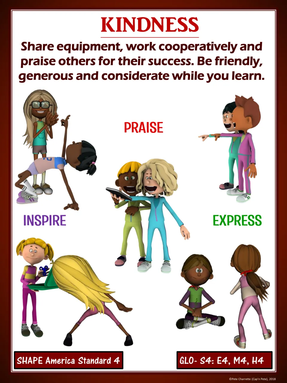 Kindness poster in red: share equipment, cooperate, praise others; cartoon students labeled praise, inspire, express