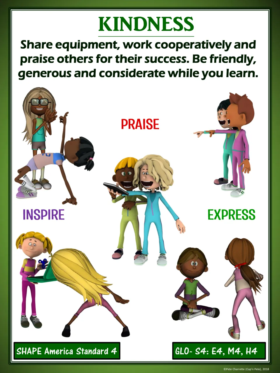 Kindness poster in green: share equipment, cooperate, praise others; cartoon students labeled praise, inspire, express