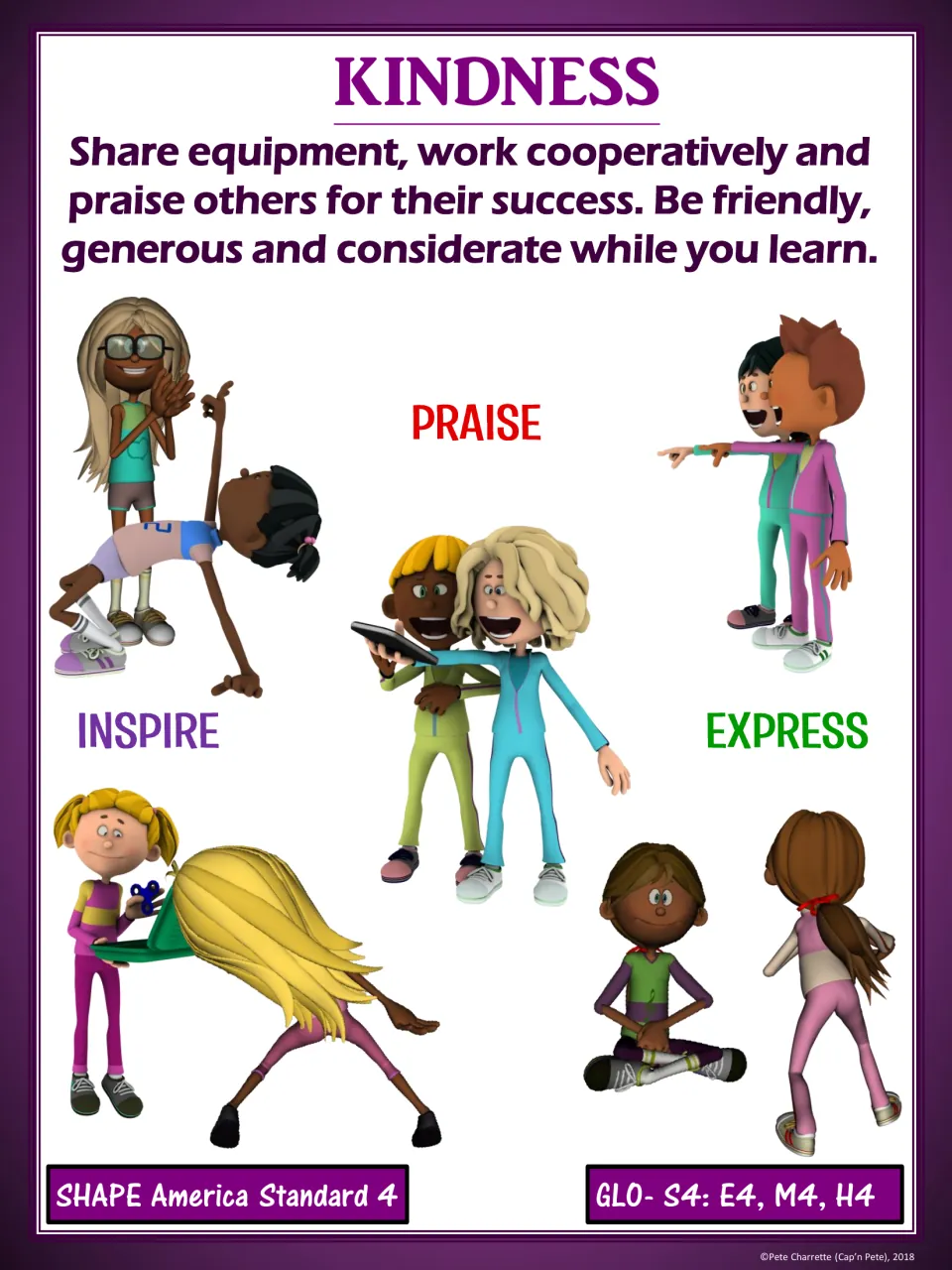 Kindness poster in purple: share equipment, cooperate, praise others; cartoon students labeled praise, inspire, express