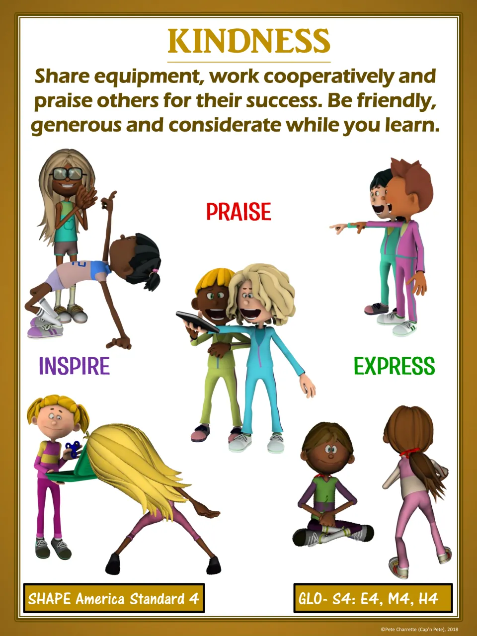 Kindness poster in gold: share equipment, cooperate, praise others; cartoon students labeled praise, inspire, express