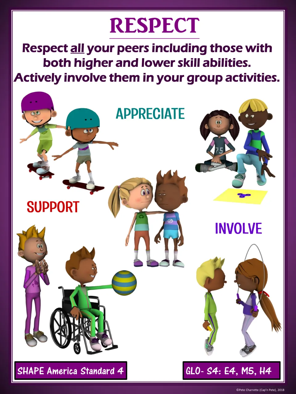 Respect poster, purple version: respect peers of all skill levels and involve them, with Appreciate, Support, Involve art