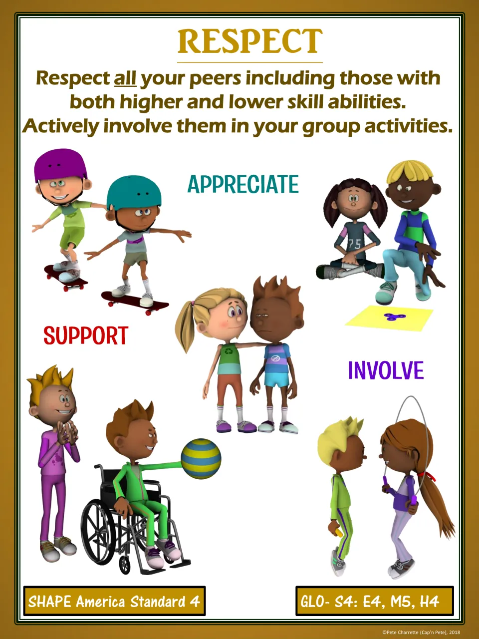 Respect poster in gold: kids skateboard, sit together, pass a ball from a wheelchair and jump rope to show inclusion