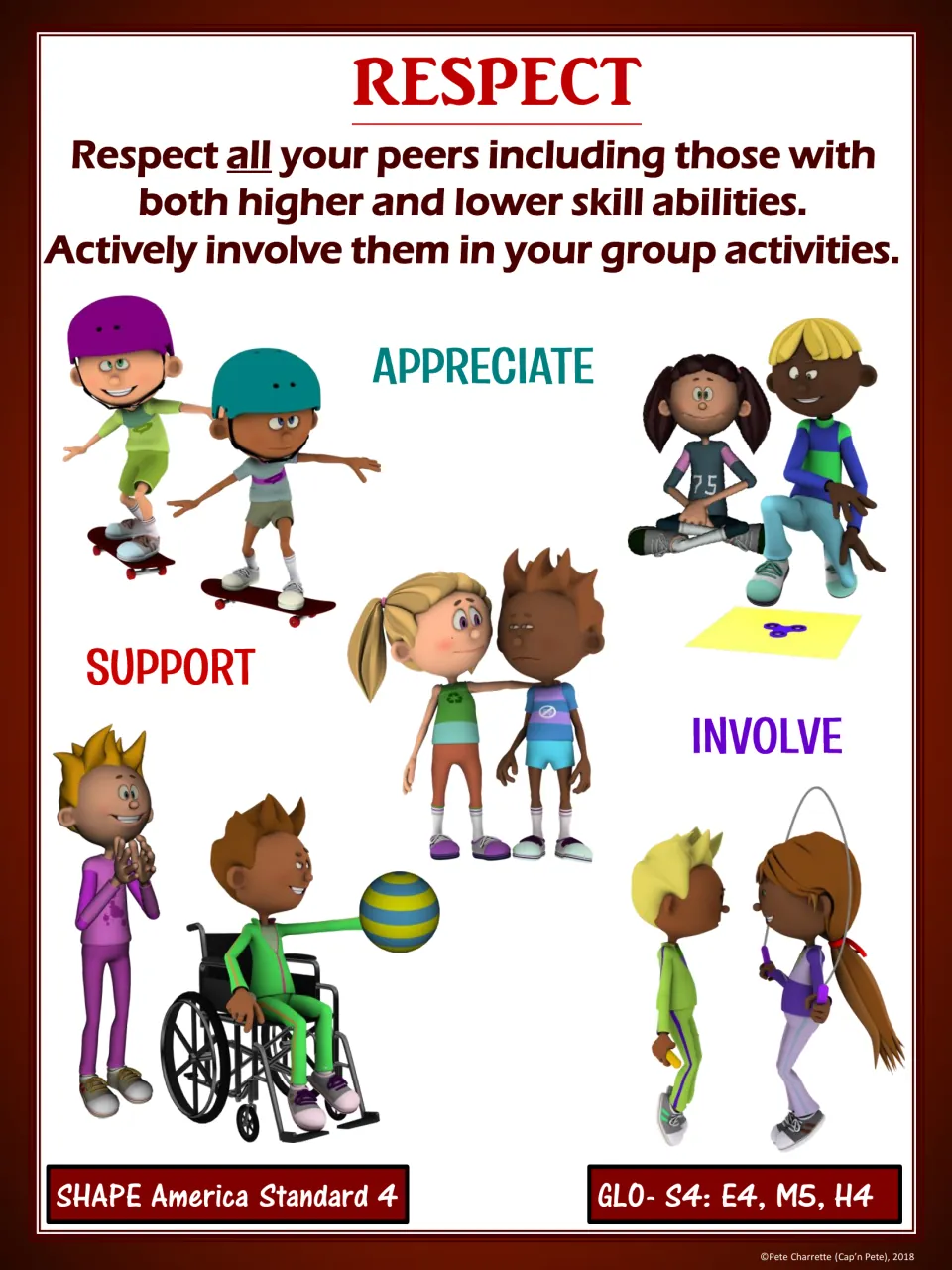 Respect poster in red: a student in a wheelchair plays catch under Support as peers of all abilities join group play