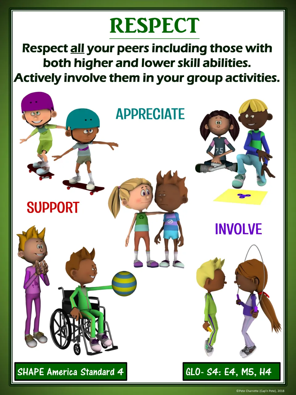 Respect poster, green version: two friends jump rope under Involve beside the reminder to respect all peers in PE