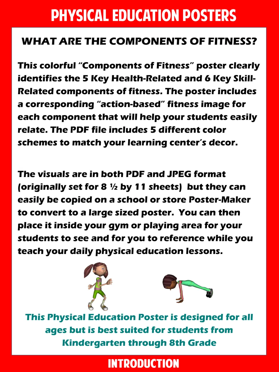 Physical Education Posters introduction: explains the 5 health-related and 6 skill-related components of fitness poster set