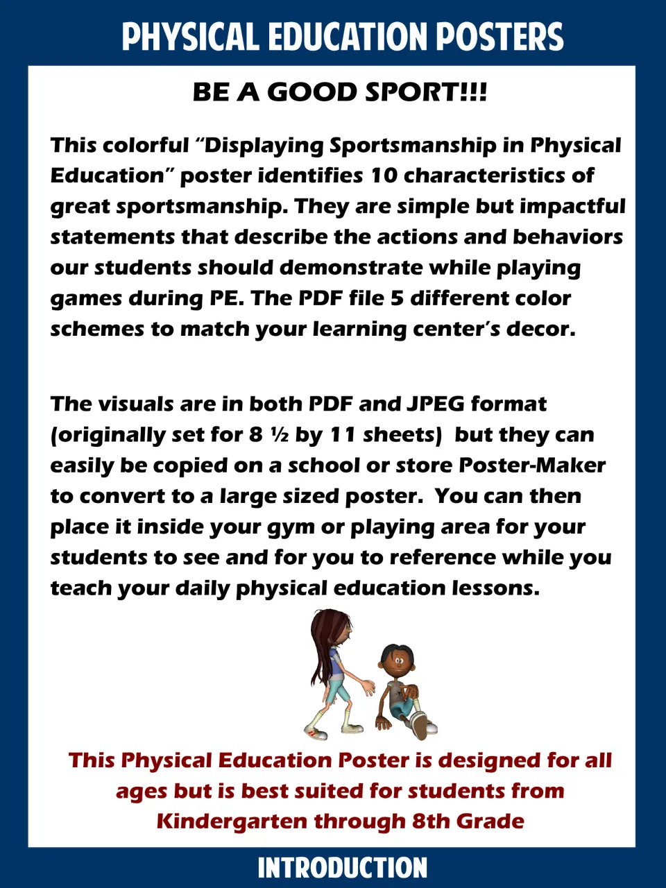 Be a Good Sport introduction: describes a sportsmanship poster of 10 traits in 5 color schemes, in PDF and JPEG formats