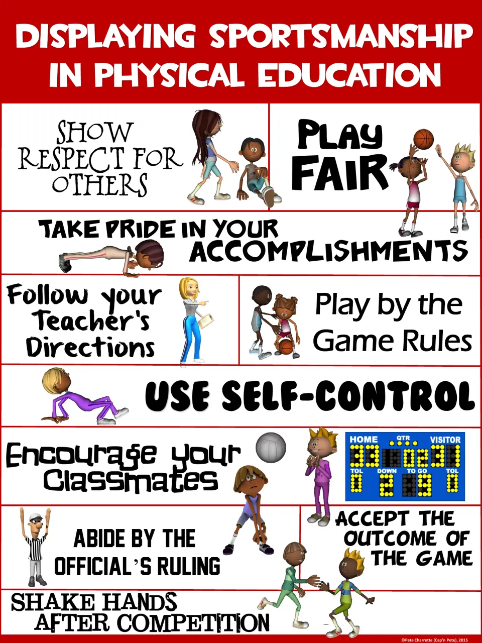 Red version of the sportsmanship poster listing play fair, follow your teacher's directions and accept the outcome