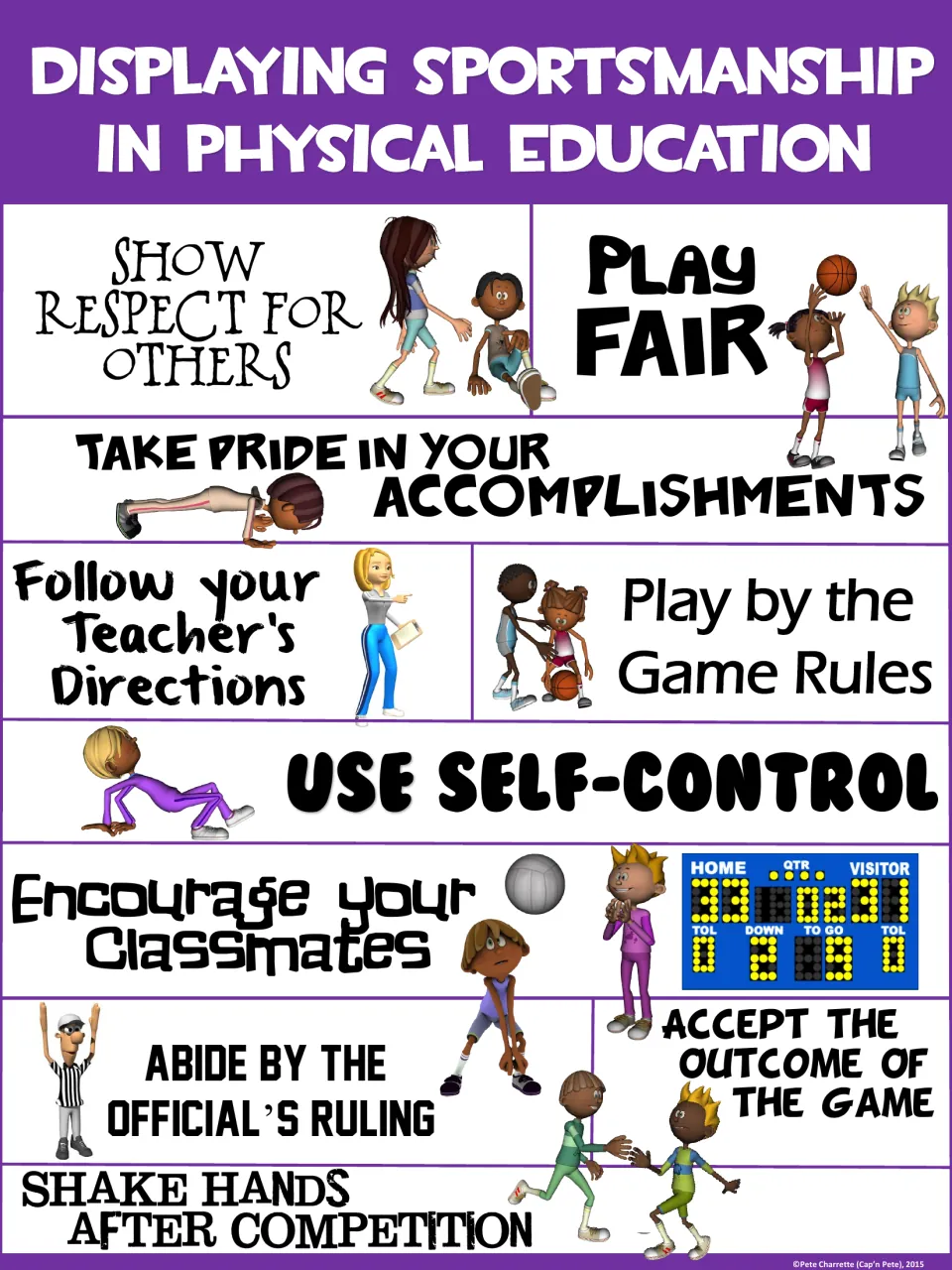 Purple sportsmanship poster: take pride in your accomplishments, play by the game rules, encourage your classmates