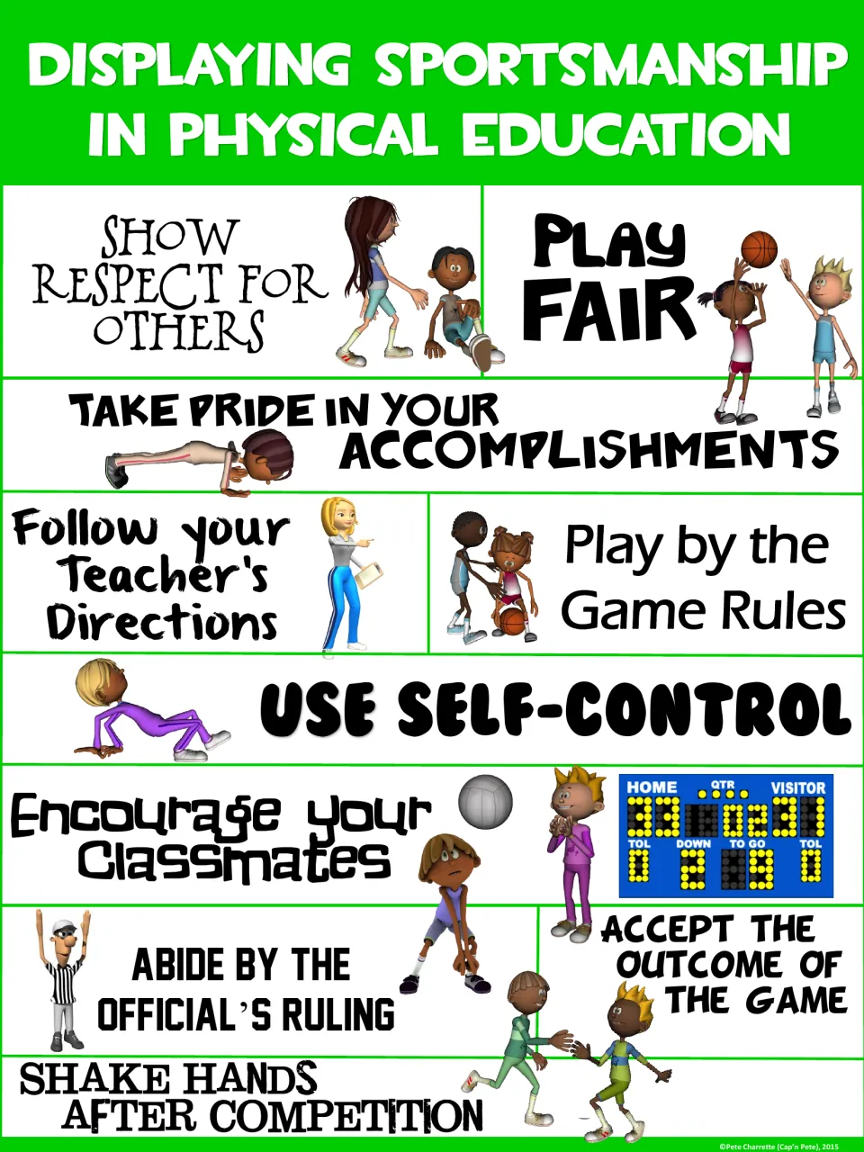 Green sportsmanship poster: cartoon students model respect, fair play, self-control and abiding by the official's ruling