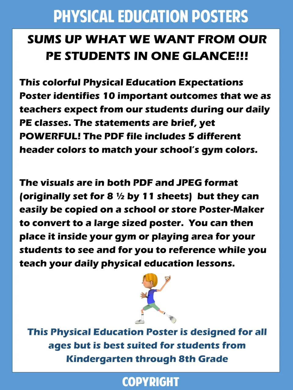 PE expectations poster overview: explains the 10 class expectations, 5 header colour options and PDF/JPEG poster formats
