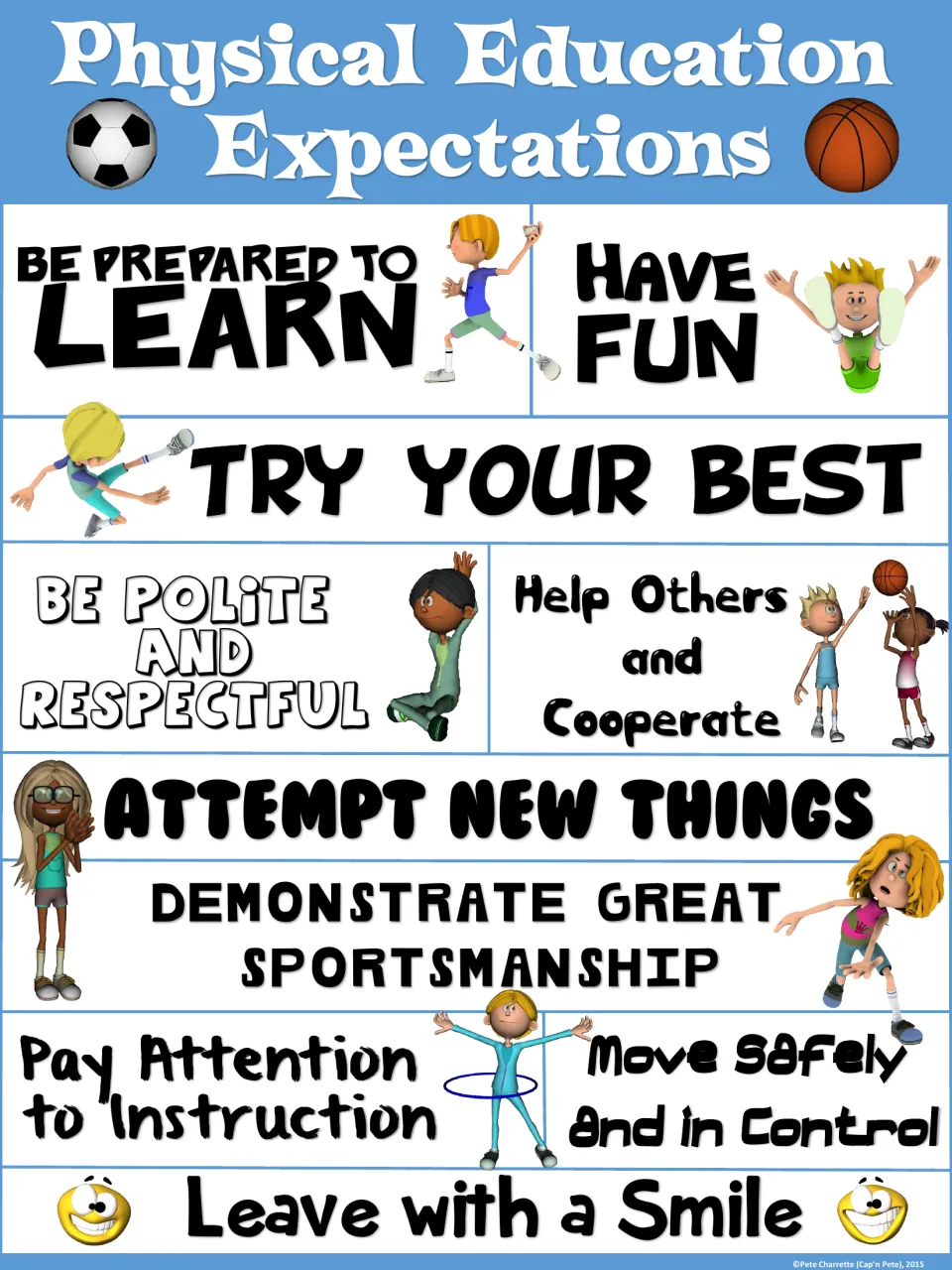 Light blue PE expectations poster with 10 gym rules, such as Attempt New Things and Help Others and Cooperate