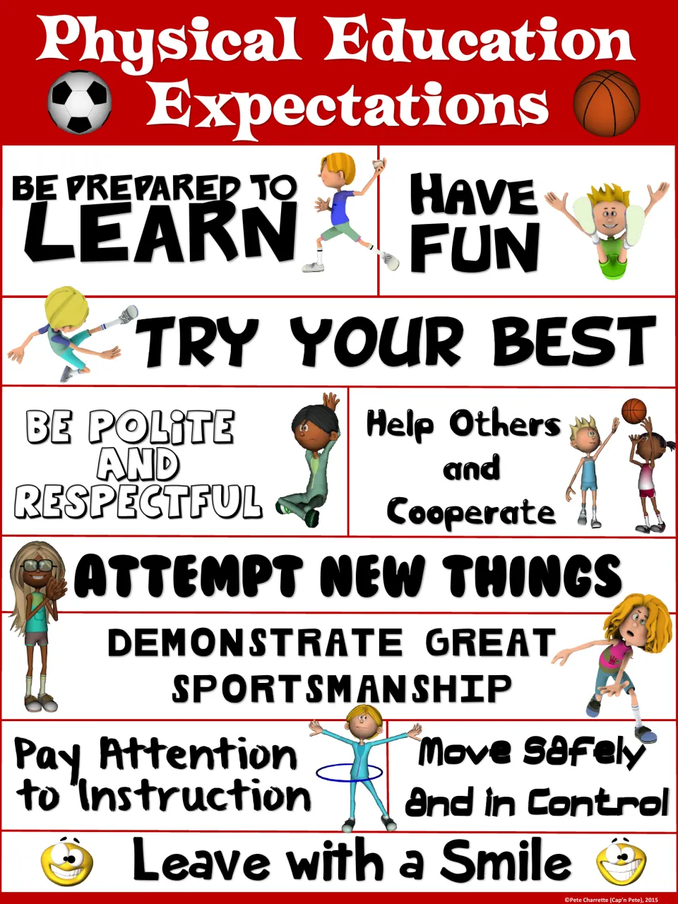 Red-header version of the 10 PE rules, from Attempt New Things and Demonstrate Great Sportsmanship to Move Safely
