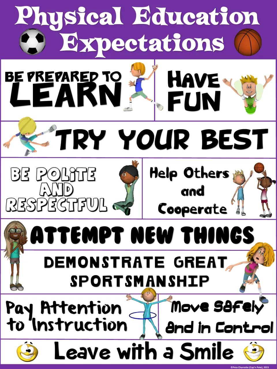 Purple-header PE expectations poster listing 10 rules, including Pay Attention to Instruction and Move Safely and in Control