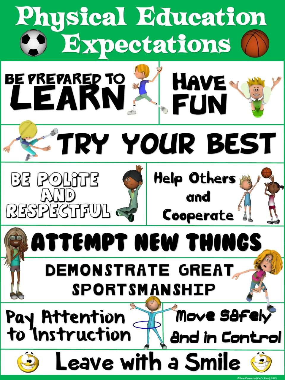 Green-header PE expectations poster with cartoon kids beside each of 10 rules, such as Try Your Best and Help Others
