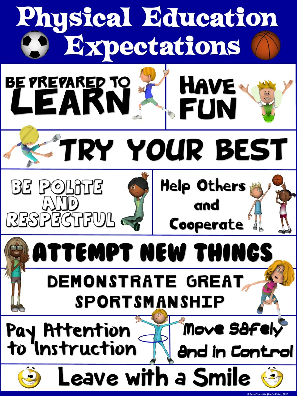 Navy PE expectations poster: 10 gym behaviour rules, including Be Polite and Respectful and Demonstrate Great Sportsmanship