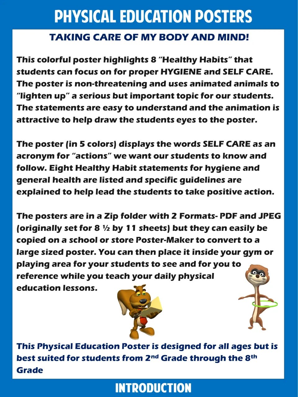 Introduction to the healthy habits posters: explains the SELF CARE acronym, 8 hygiene habits, 5 colors and PDF/JPEG files
