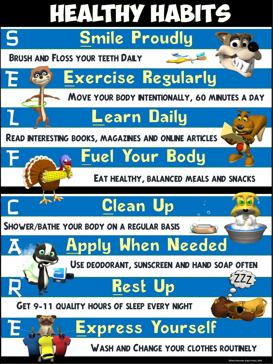 Blue healthy habits poster: SELF CARE acronym lists 8 habits like Smile Proudly (brush and floss) and Rest Up (sleep)