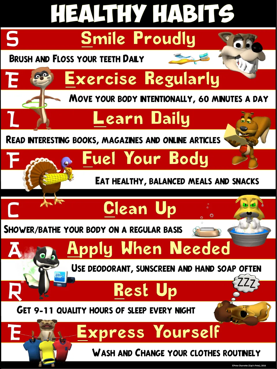Red version of the SELF CARE habits poster: Exercise Regularly 60 minutes a day, Fuel Your Body, Clean Up and more